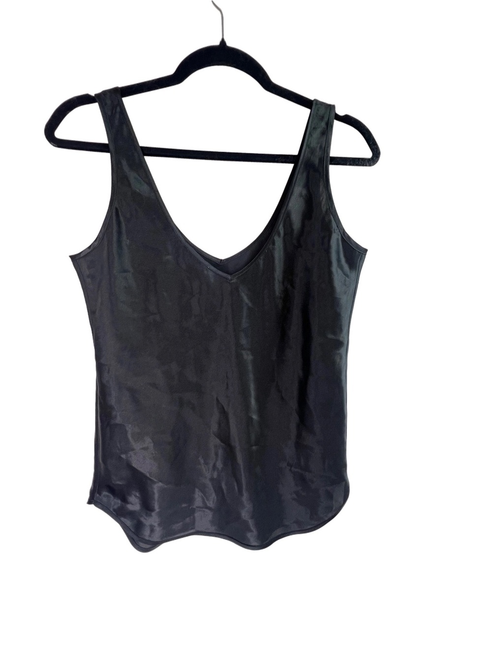 Vintage 90s Bias Cut Black Satin Camisole Tank Top Slip Style Deep Vneck